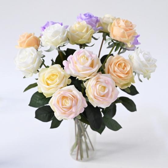 Flor Rosa Artificial Realista Toque Real Buquê de Rosas Falsas de Seda Flor Falsa com Folhas para Centro de Mesa de Casa Casamento Festa