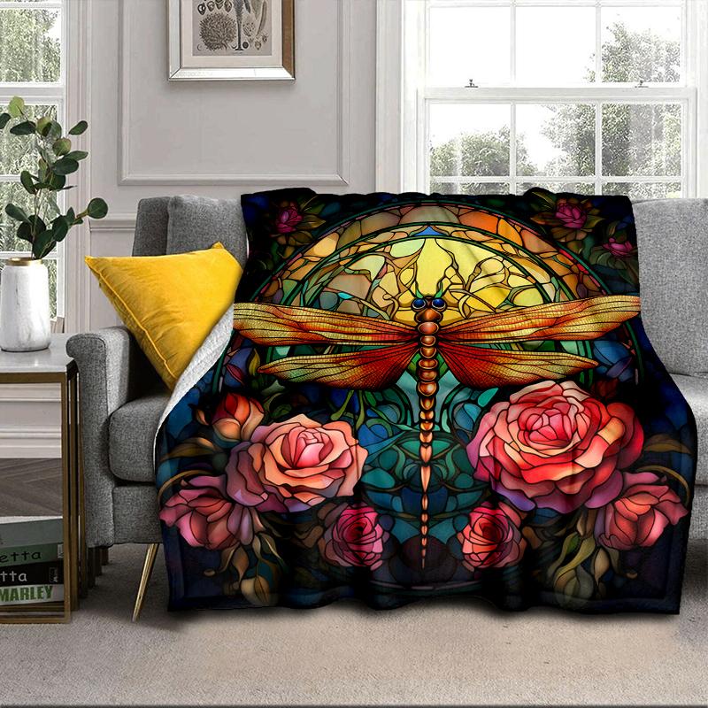 Stained Glass Dragonfly Garden Blanket Flannel Blanket for bed, sofa, Camping, Hiking, Picnic Essentials, gift for family Fan gifts