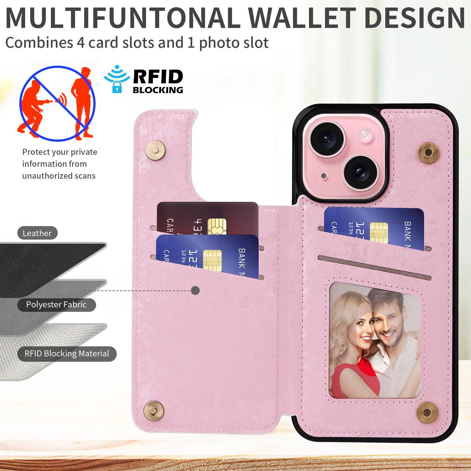 

For iPhone 15 Card Slot Case Kickstand Anti-Drop Flower Printed Phone Cover Rose