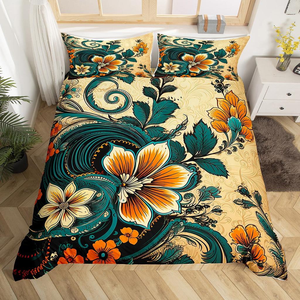 Colorful Flowers Beding Set Boho Paisley Floral Decor Soft Duvet Cover for Women Mothers Day Gifts, Warm Soft plus Breathable Quen