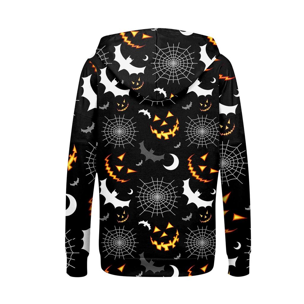 Women's Long Sleeve Halloween Printed Sweatshirt Pocket Zipper Hooded Jacket