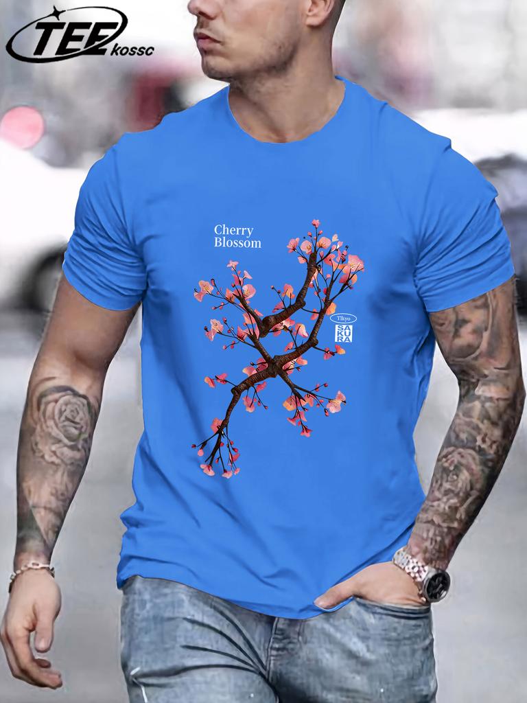Beautiful Cherry Blossoms Printing Retro TShirt Mens Loose Cotton Tee Shirts Trendy Summer Clothing Unisex AllMatch Streetwear