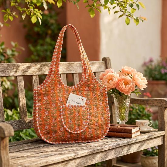 Shoulder Bag usalover925 Orange Quilted Cotton Floral Print Shoulder Bag 19