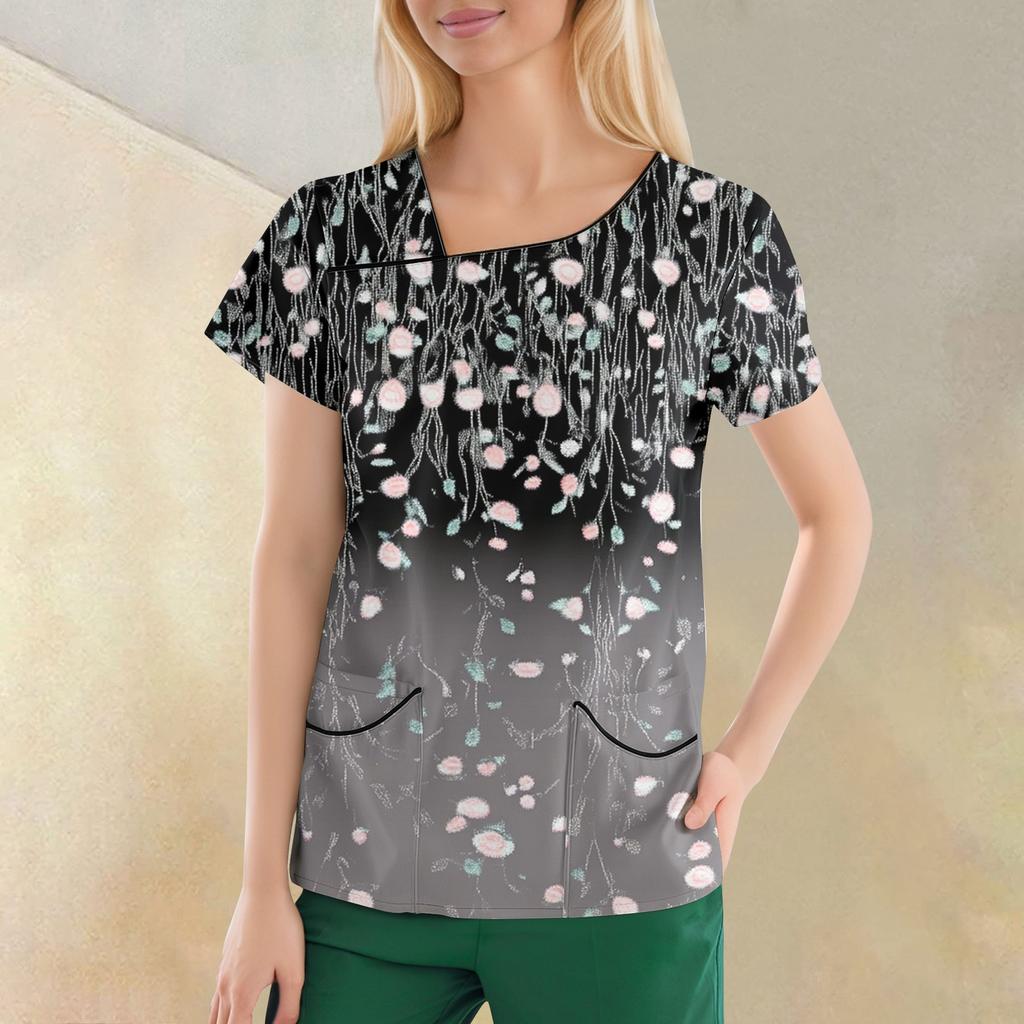 Women's Casual  Print Short Sleeve Sloping Collar Workwear Top With Double Pockets