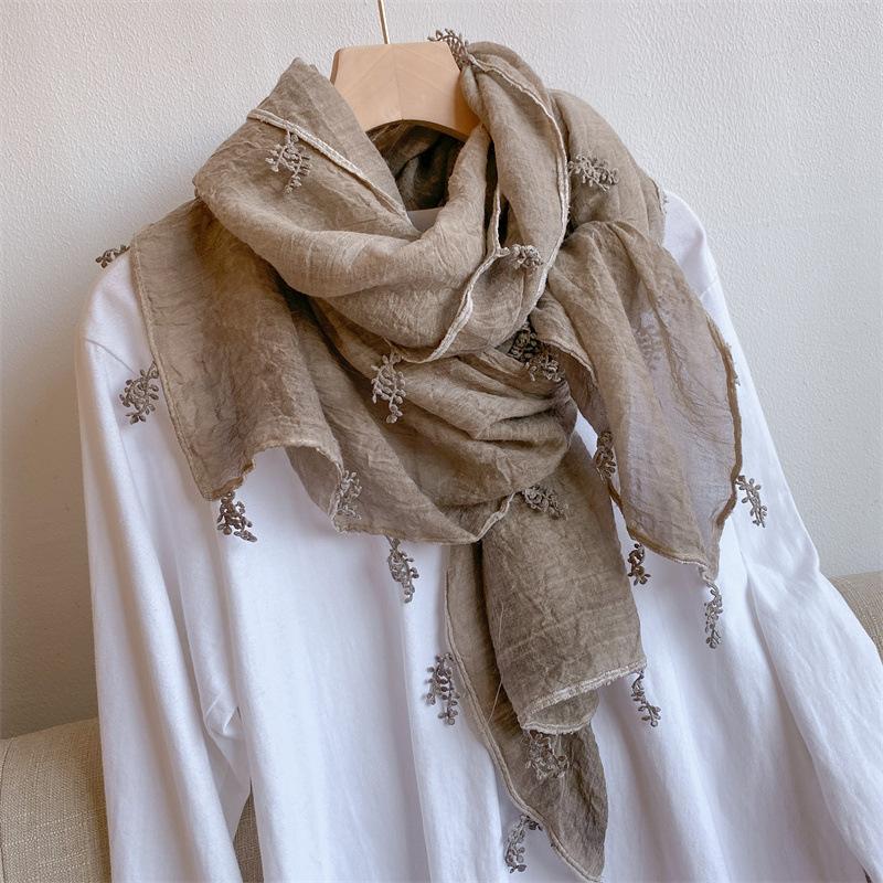 Solid color small leaf spike literary small fresh cotton and linen scarf women's fashion versatile long shawl thin neck scarf