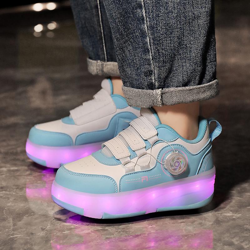 Kid's Roller Skates Removable Flat Charging LED Four Wheels Glowing Sports Shoes Pink Women's Glowing Sneakers
