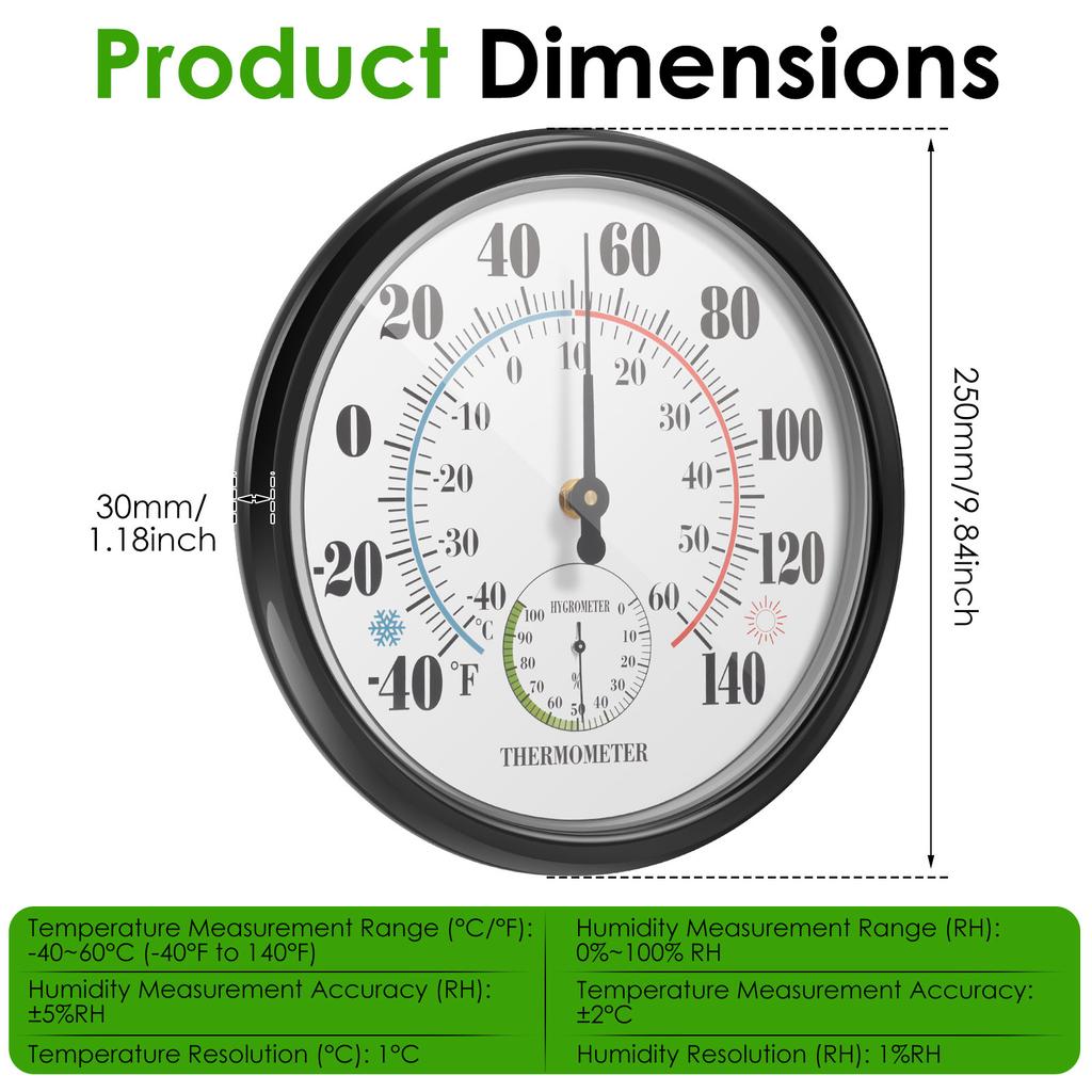 10" Thermometer Hygrometer Round Black Wall Mount Temperature and Humidity Monitor Outdoor Thermometer Hygrometer for Patio Home