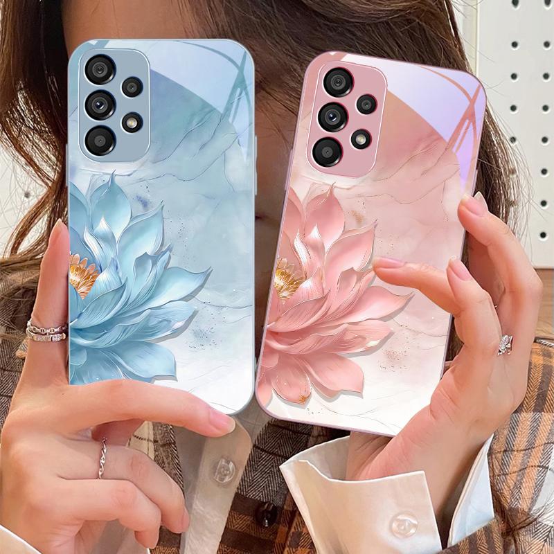 Side Lotus White For Samsung Galaxy S10 4G S20 11E 30 S21 21Fe 22 S24 Pro S23 Ultra 5G S8 S9 Tempered Glass Phone Case