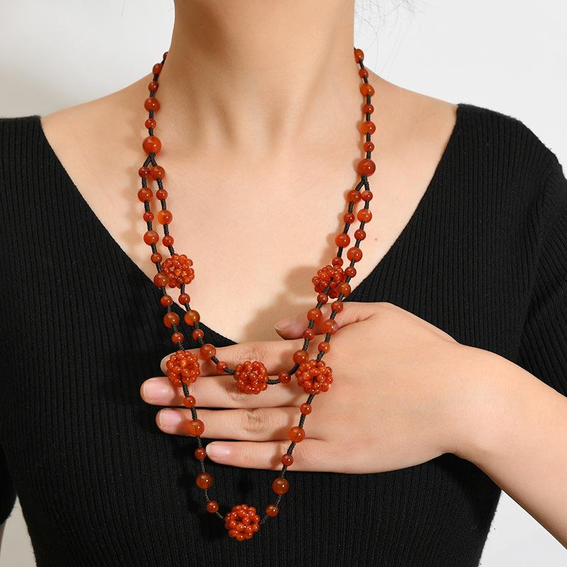Double-layer natural agate jade necklace, hand-woven sweater chain, niche high-end women's accessories
