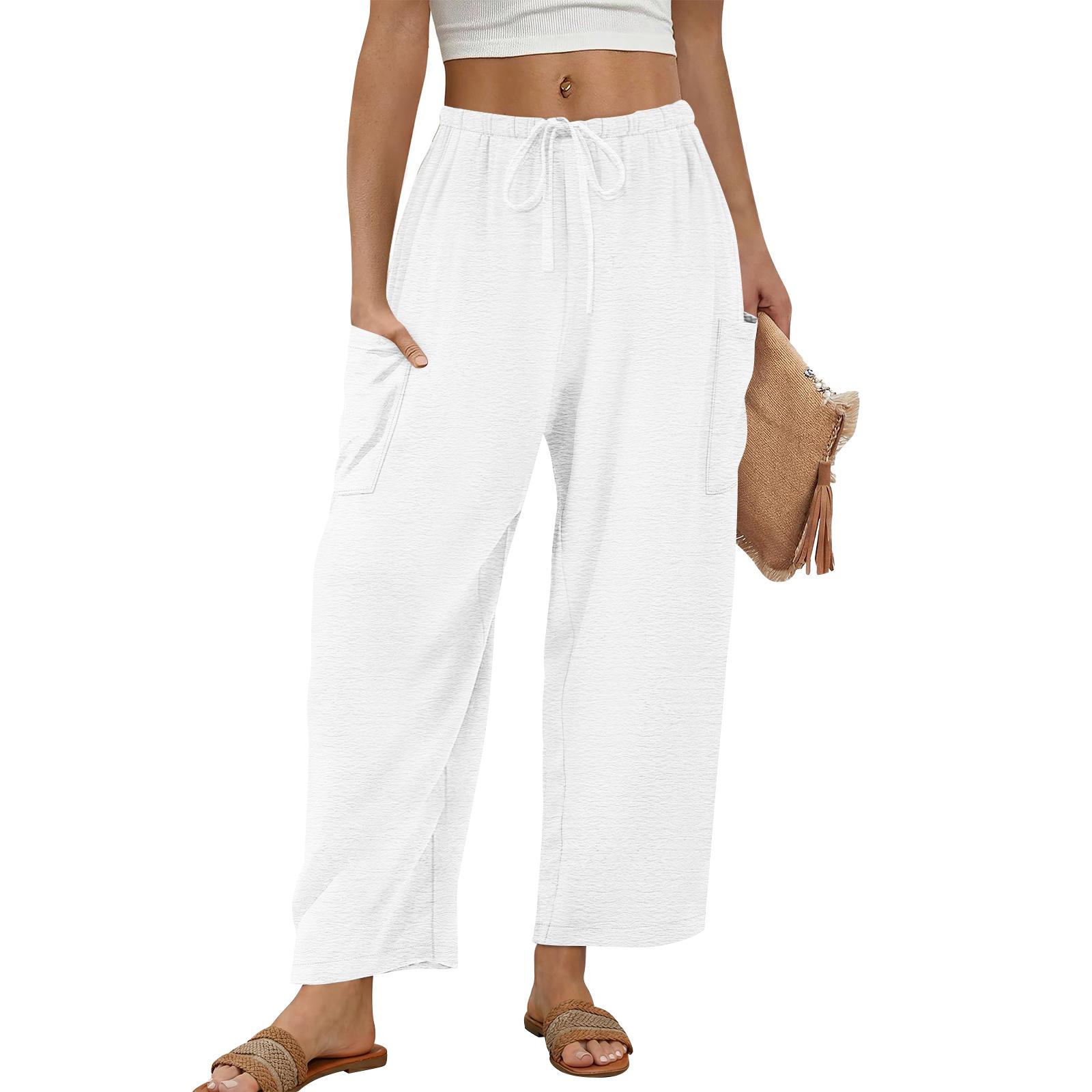 

Women’s Wide Leg Lounge Pants with Drawstring Waist and Pockets Relaxed Fit Lightweight Casual Trousers for Daily Wear M белый