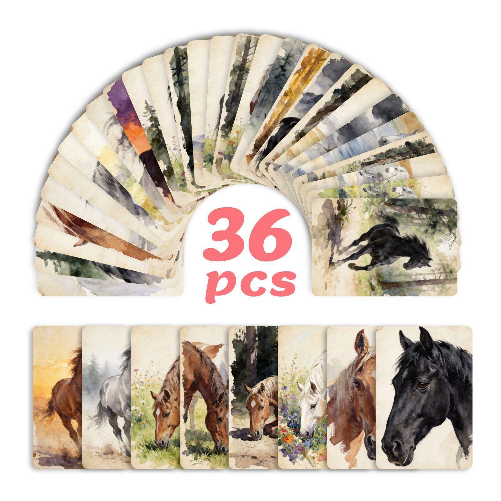 

Watercolor Horse Illustration Card 36 Sets, Wind Hand Account Material Literary Decoration Message Card RXHB0196
