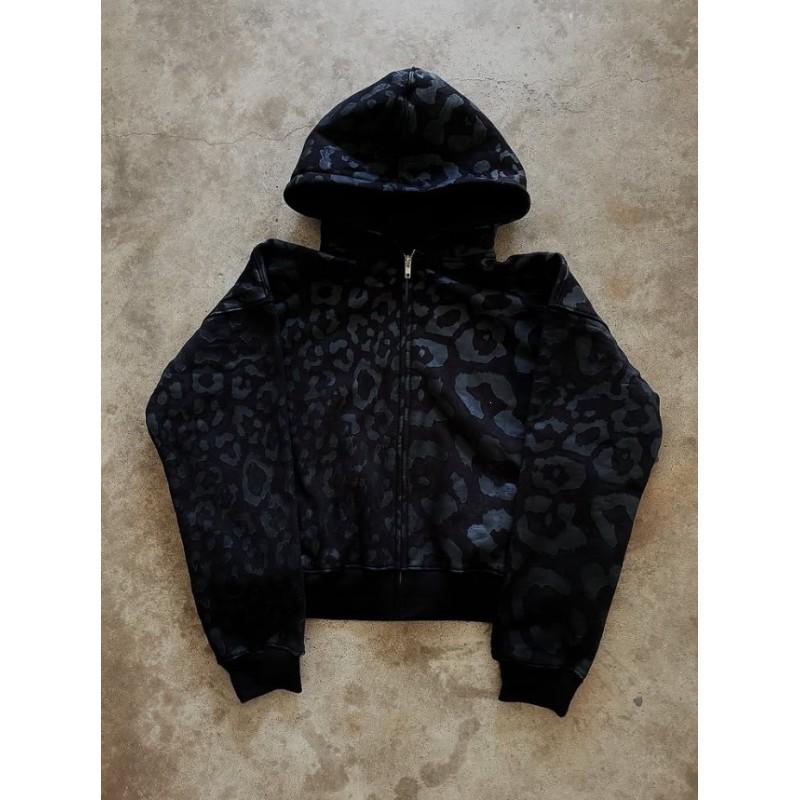 Y2K Leopard Print Hooded Sweatshirt Set Women Loose Fit Zipper Streetwear Two Piece Outfit