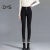Women Winter Jeans High Waist Faux Fur Lining Slim Fit Button Closure Soft Warm Thick Solid Color Pockets Pencil Pants Lady Autumn Trousers