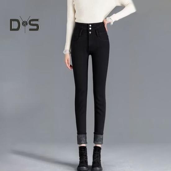 Women Winter Jeans High Waist Faux Fur Lining Slim Fit Button Closure Soft Warm Thick Solid Color Pockets Pencil Pants Lady Autumn Trousers