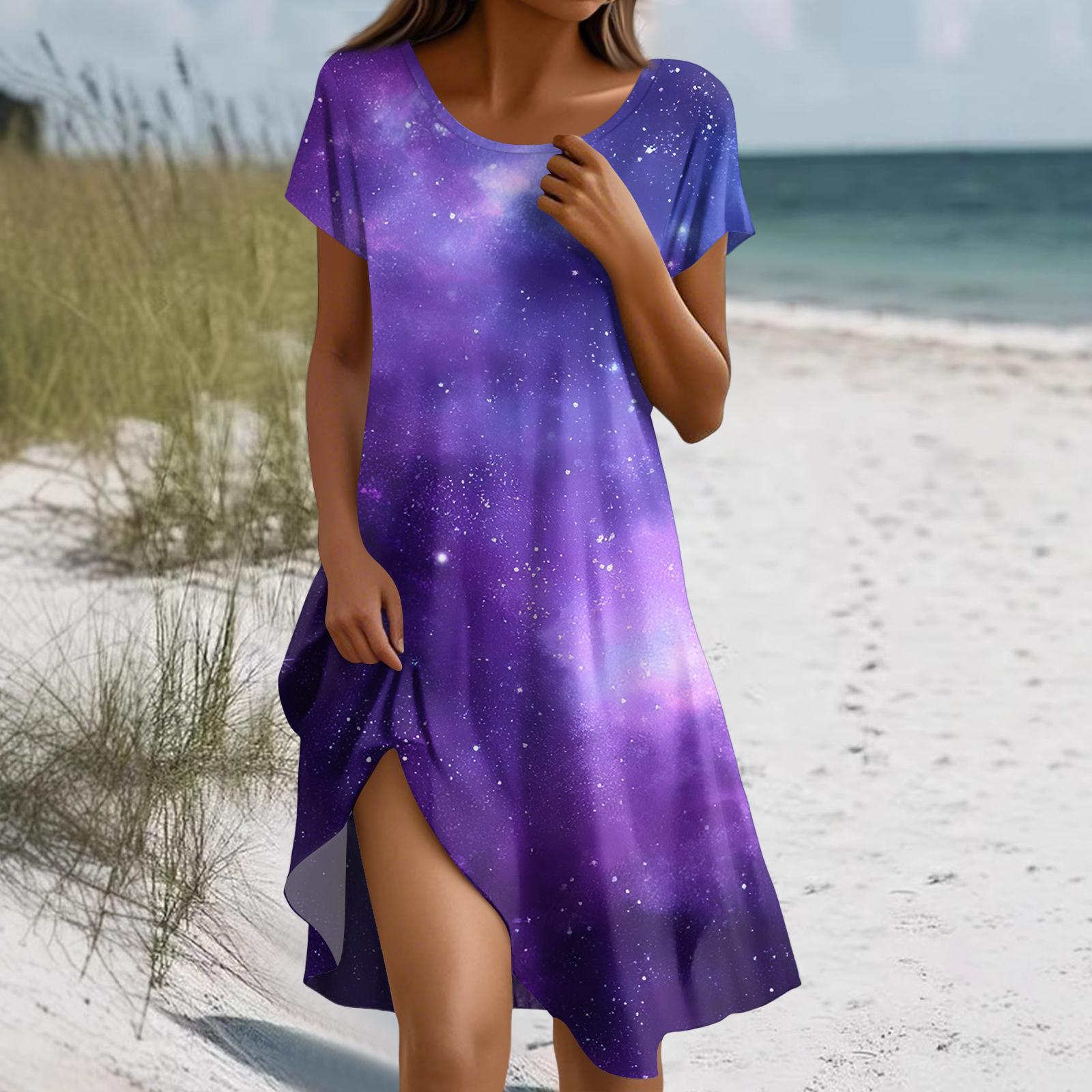 

Women s Fashion Short-Sleeve Bohemian- -Print Dress With Pockets S фіолетовий