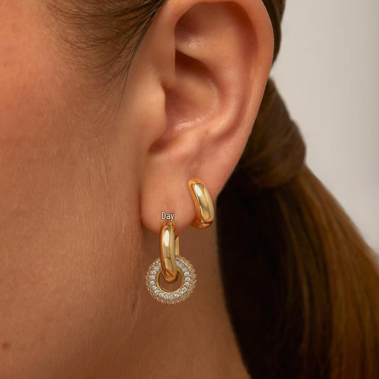 

European & American Style Brass Gold-Plated Zircon Double Circle Women s Fashion Earrings