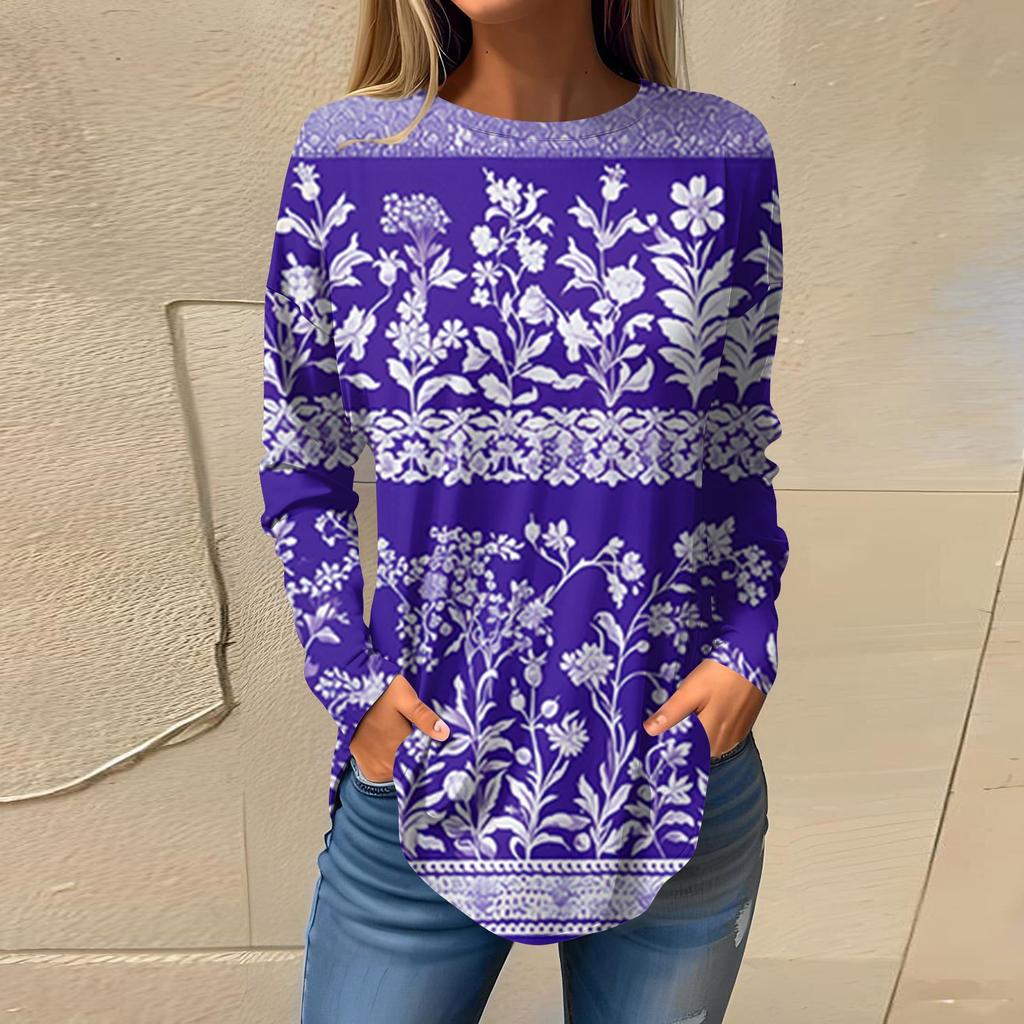 Women's  Loose Casual Flower Printed Round Neck Long Sleeved T Shirt Top Pullover Long Sleeved Sweatshirt
