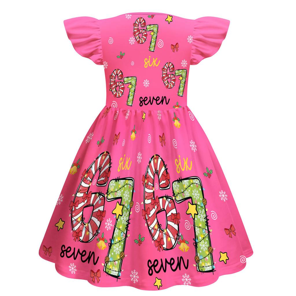 82836 Kinder Mädchen Weihnachten Steal a Brainrot 67 Six Seven Print Rüschen Ärmellos Prinzessinnenkleid