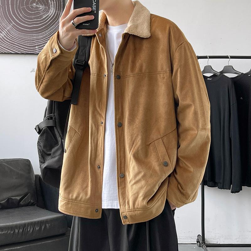 Spring and Autumn Loose High School Student Tide Fleece Thickened Jacket Korean Version Short Denim Jacket Men