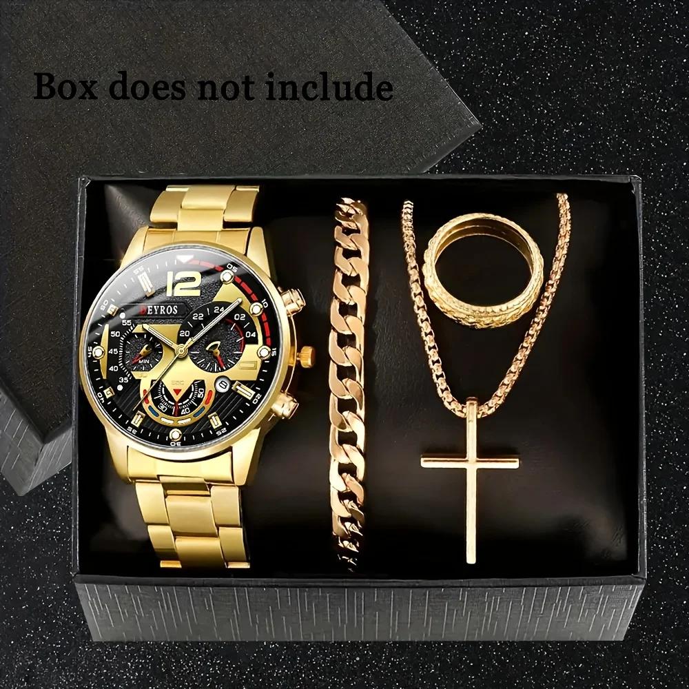 

4pcs-Men s Fashion Set, Casual Quartz Watch with Calendar, Cross Pendant Necklace, Ring and Bracelet - Perfect Gift for Him золотой