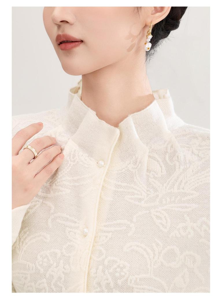 3D Interwoven Wool Jacquard Ruffle Flare Sleeve Knit Top