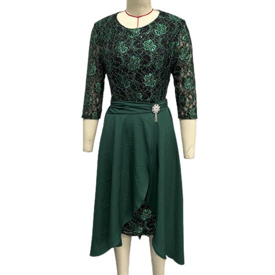 2 Pcs/Set Women Prom Dress Skirt Set Hollow Out Lace Ruffle Hem High Waist Round Neck Three Quarter Sleeve Ankle Length Banquet Maxi Dress