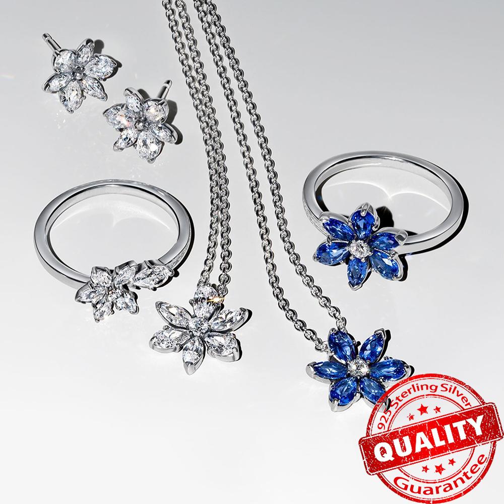 Vintage 925 Sterlingsilber Blaues Herbarium Anhänger Halskette Ohrringe Ring für Damen Valentinstagsgeschenk Luxus Schmuckset