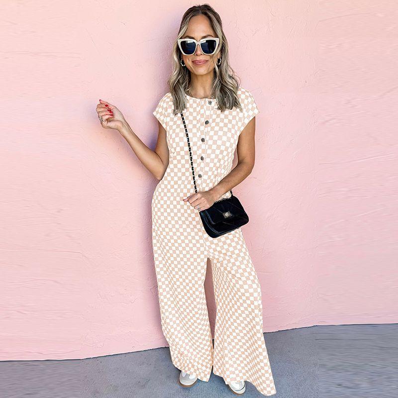 

American Shiying Summer New Arrival Printed Checks Short-Sleeved Jumpsuit Women 2025 Work Clothing Wide-Leg Jumpsuit Women Skin color P1820 XL code fits (70.00 kg-75.00 kg