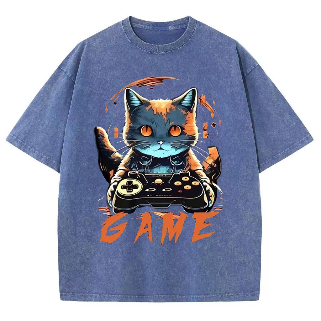 Summer Unisex T-Shirt Y2K Oversized Game Monogram Print Wash Neutral Short Sleeve Casual Trend Outfit Men