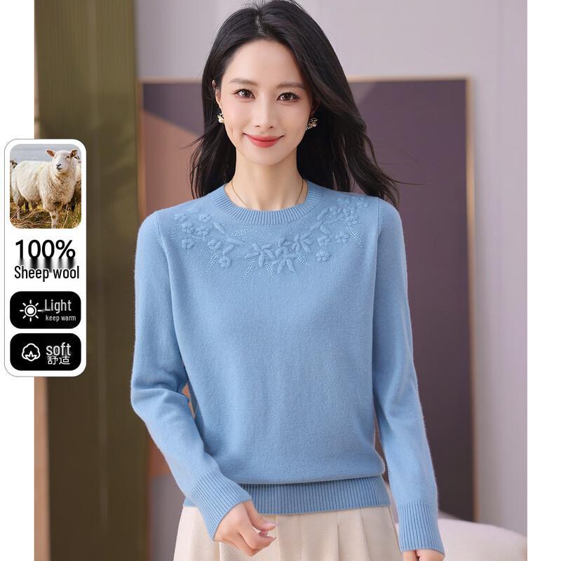 SNOWFLYING Women's 100% Merino Wool Crochet Rhinestone Crew Neck Sweater
