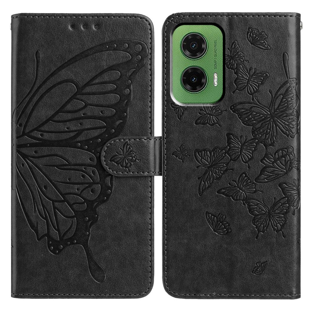 Für Motorola Moto G35 5G Hülle Schmetterling geprägt Brieftasche Ständer PU Leder Klapphandyhülle mit Riemen