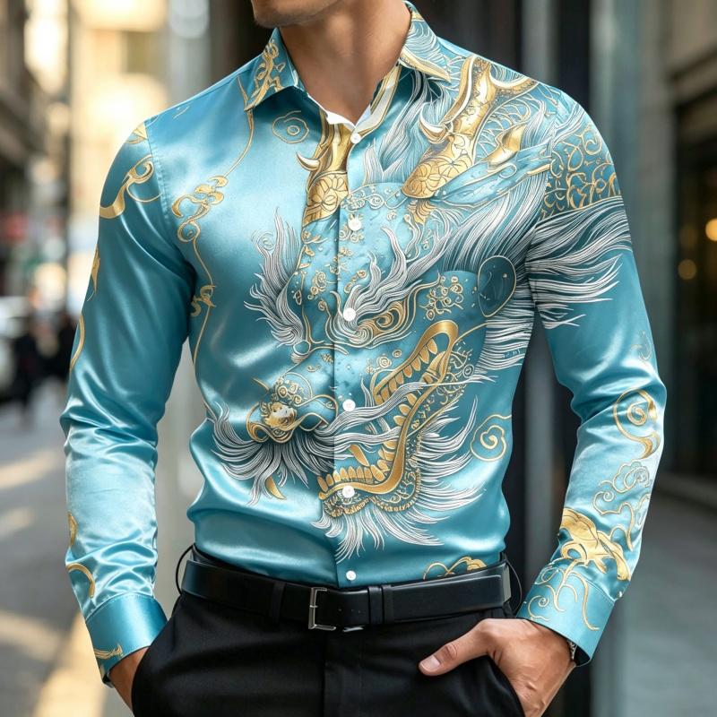 New Men's Long Sleeve Shirt Traditional Art 3D Printing Business Office Nightclub Wedding Casual Single breasted Men's Top