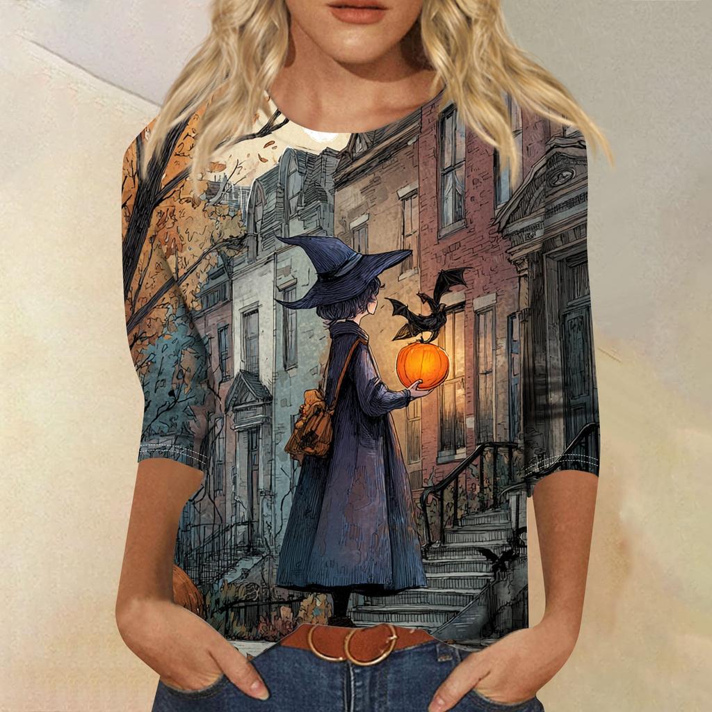 Women's Fashion Casual Round Neck Three-quarter Sleeve Halloween Printed T-shirt Top