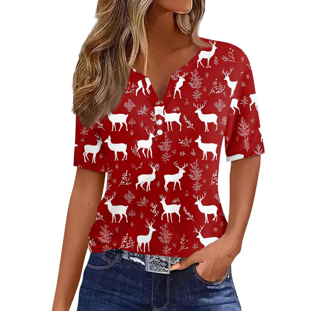 Dámské tričko Vánoční potisk Knoflík Krátký rukáv Denní Víkendová Móda Základní Véčkový výstřih Běžný Top