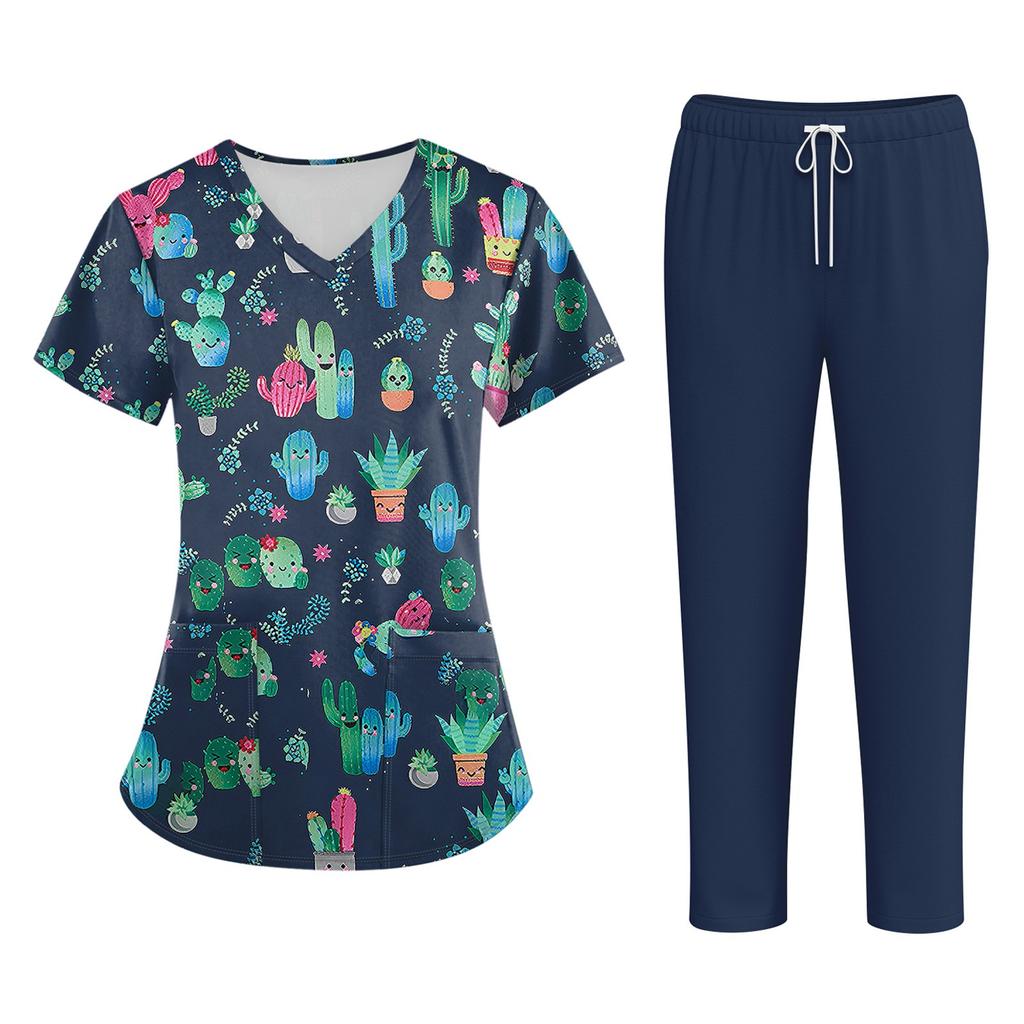 Großgrößen Bedruckte Arbeitsuniform-Oberteile Für Damen mit V-Ausschnitt Halloween-Print Kurzarm Lustige T-Shirts Tee Mit Taschen