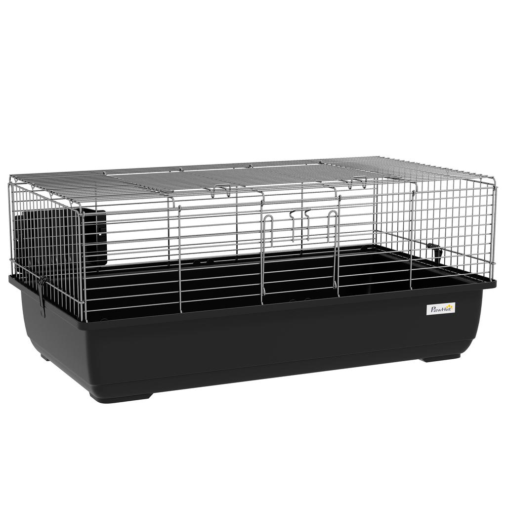 Rabbit Cage with 2 Doors and Removable Tray, in Metal and PP Plastic, 100x55x41 cm, Black and Silver