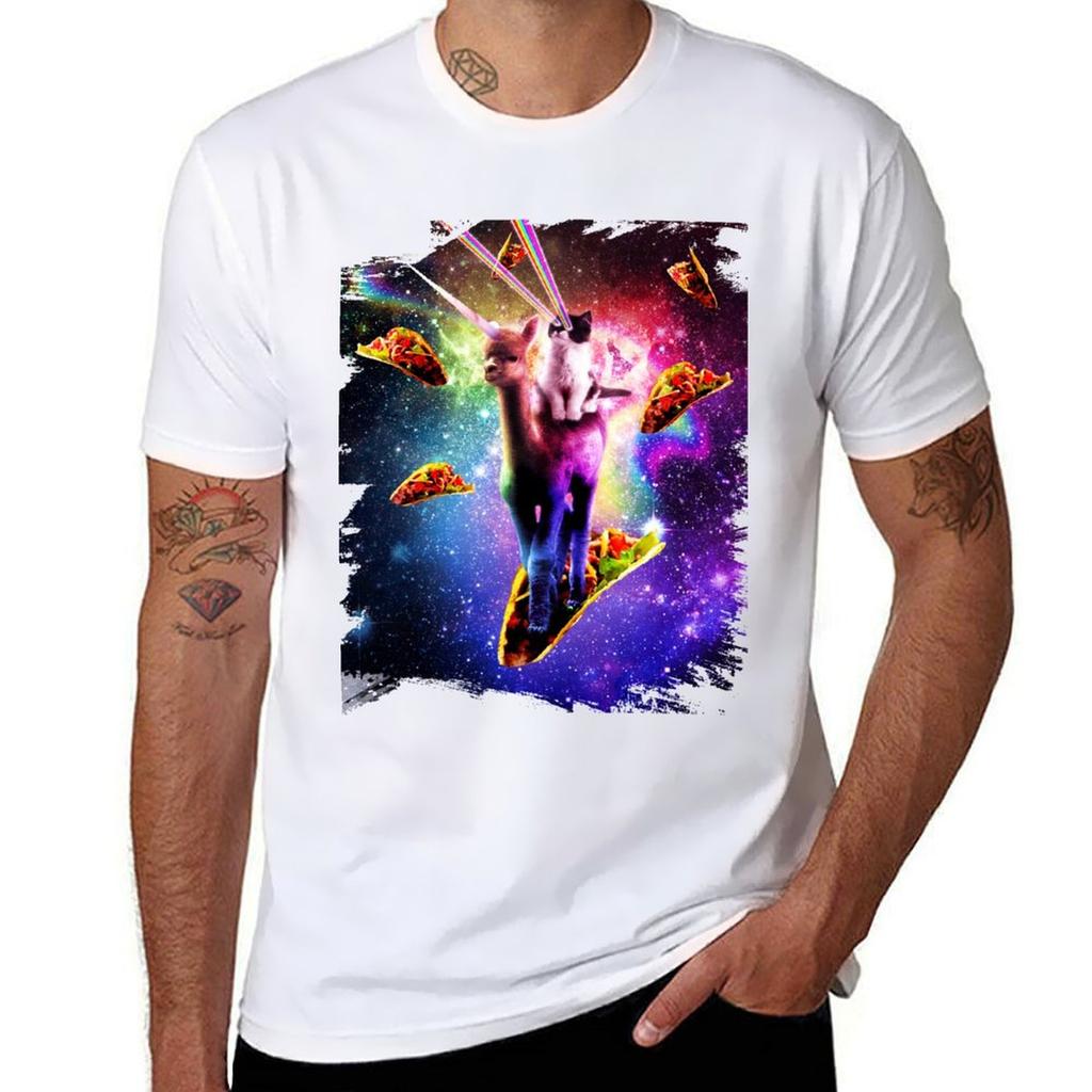 Cosmic Cat Riding Alpaca Unicorn TShirt Classic Graphic Short Sleeve Top