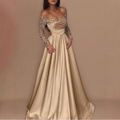 Women Off Shoulder Long Sleeve Sequin Satin A-Line Maxi Dress Champagne Sweetheart Neck Draped Elegant Evening Prom Banquet Wedding Guest Formal Gown