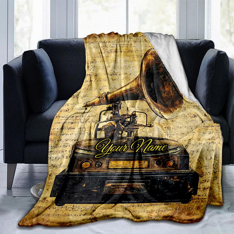 1PC Custom Name Vintage Gramophone Music Flannel blankets Patterns Throw Blanket All-Season Soft Gift for Couch, Bed, Camping gifts