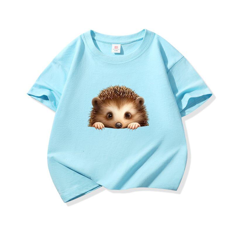 Kids Cotton T Shirt Cute Peeking Hedgehog Print Crew Neck Short Sleeve Tee Casual Breathable Boys Girls Summer Tops