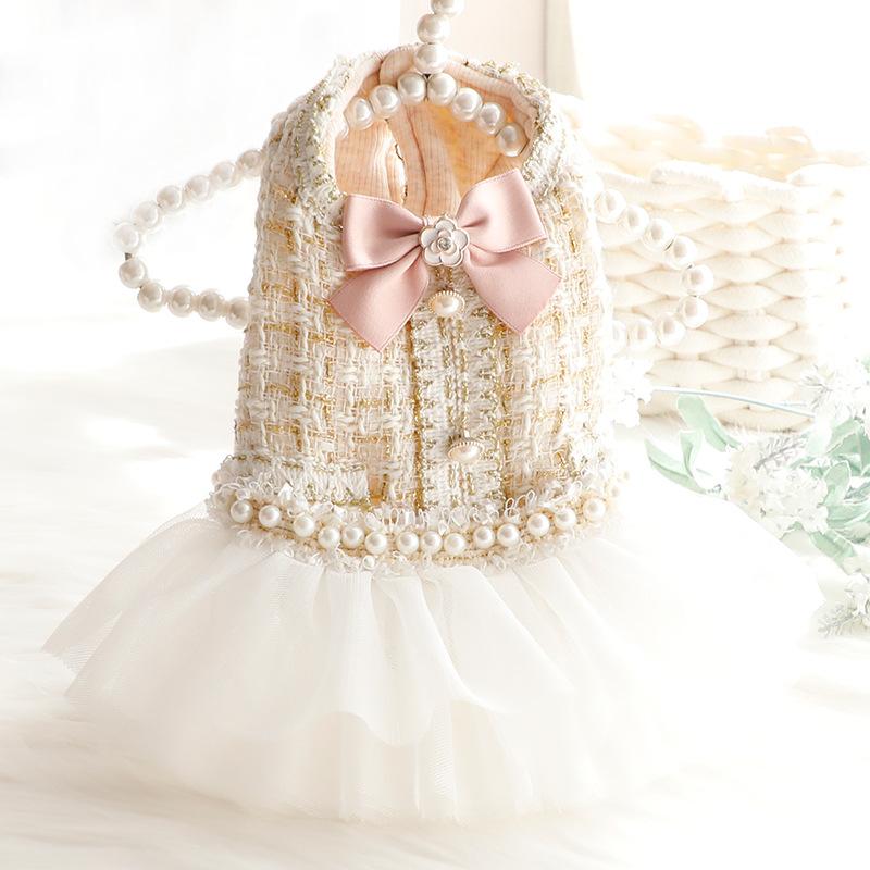Pet Fur Patchwork Mesh Dress Autumn Winter Bow Sweater Coat Cat Princess Fluffy Winter Skirt Pearl Lace Small Dog Teddy Bear Pet