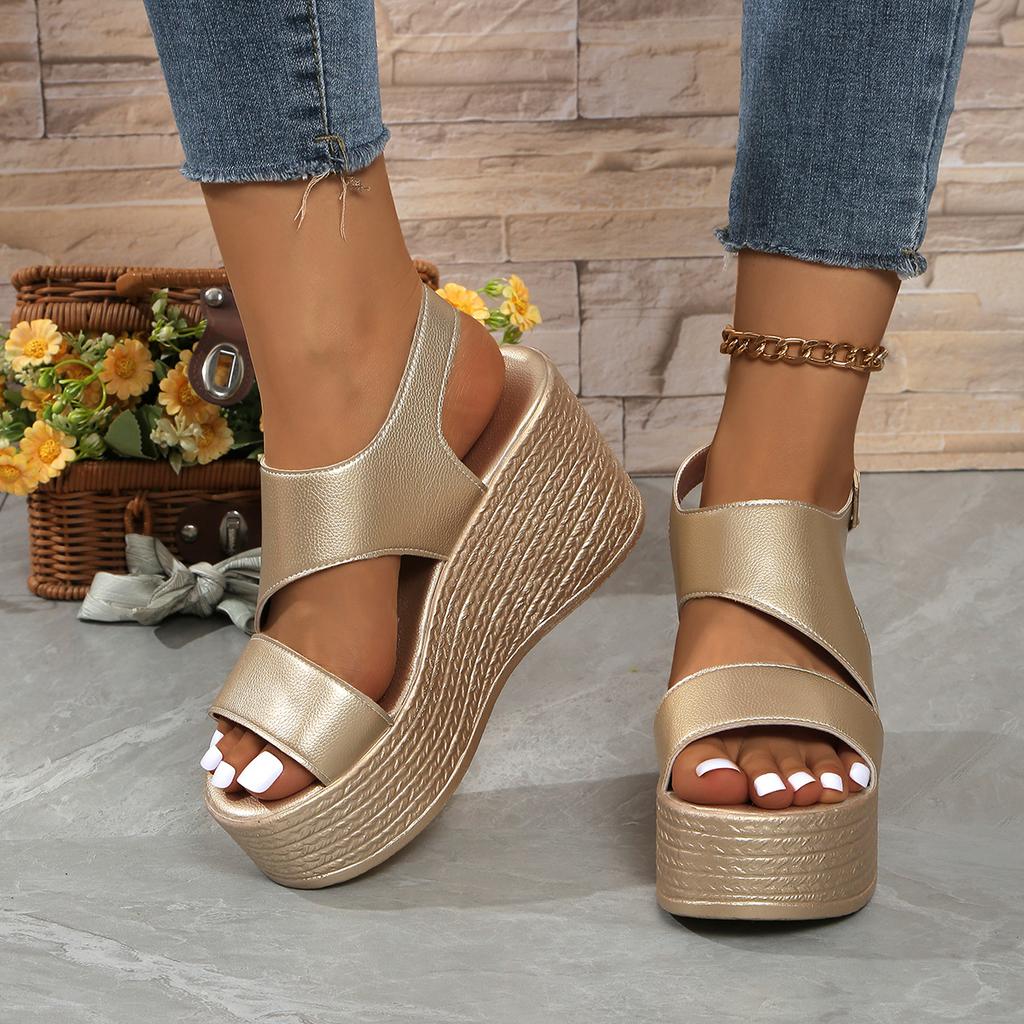 Fashion Open-toe Slope Sandals Leather Strap Roman Shoes 2025 Summer Fashion Lightweight Thick Sole High Heels Women's Shoes