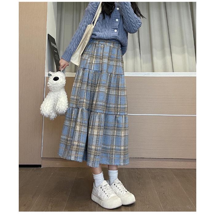 Vintage Plaid Wool A-line Skirt for Women - High Waist, Mid-Length, Autumn/Winter 2025 Collection