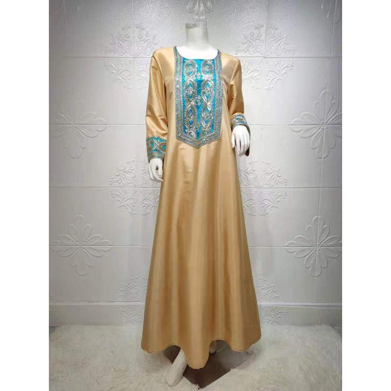 

2021 New Gold Silk Embroidered Sequined Muslim Robe Dress Gold L