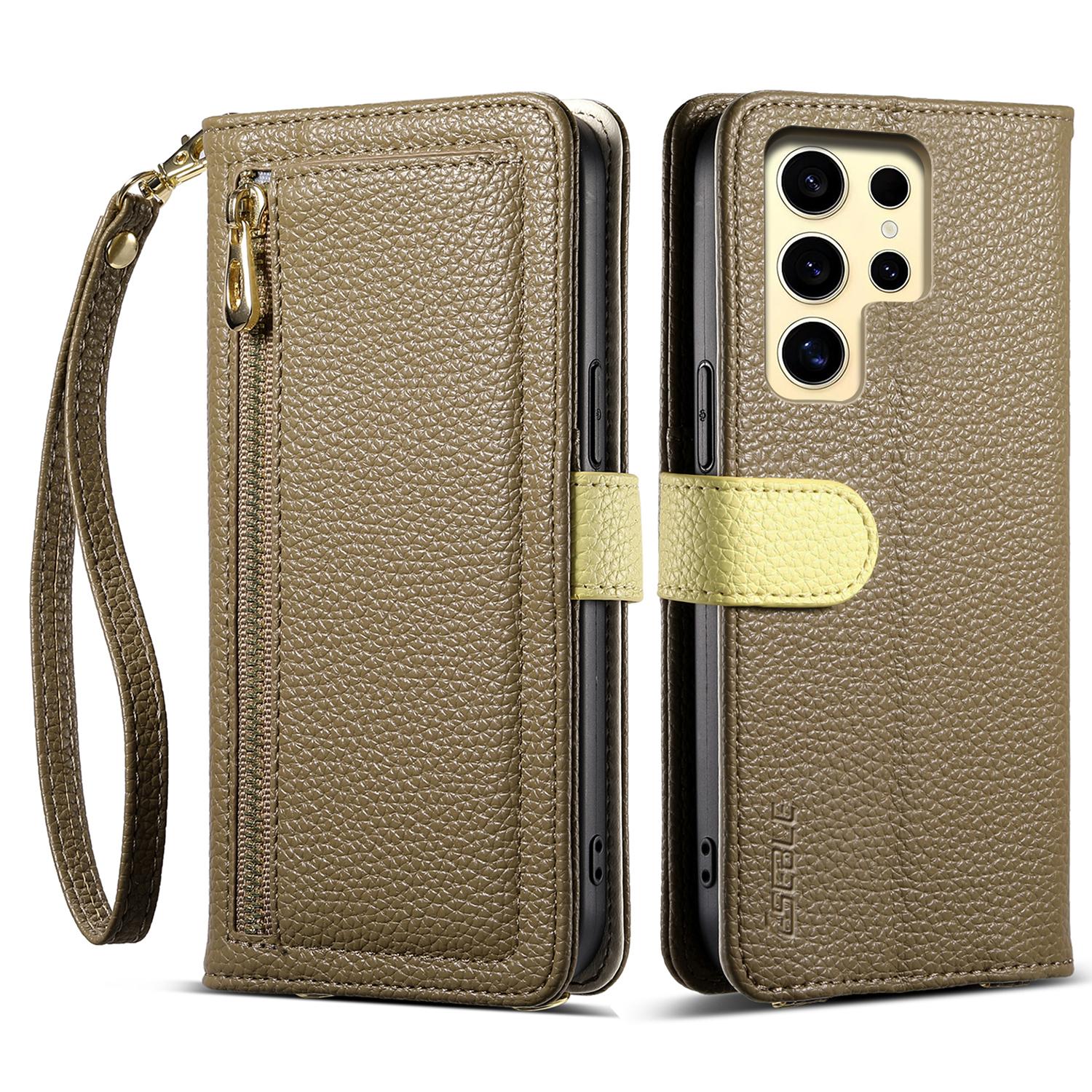 

ESEBLE E11 For Samsung Galaxy S24 Ultra Case Zipper Pocket Litchi Texture Leather Phone Cover with Mirror and Wrist Strap Brown