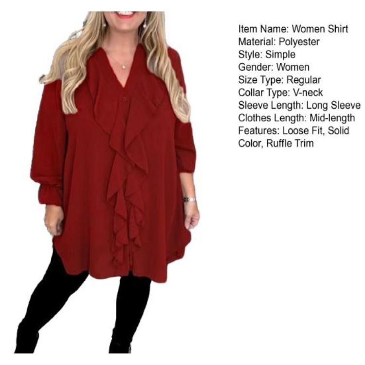 Casual Women Blouse V Neck Loose Fit Long Sleeve Ruffle Trim Solid Color Chiffon Daily Wear Tops