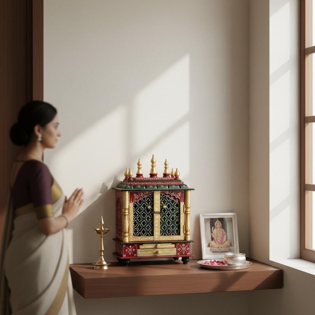 Hand-Painted Wooden Temple | Wall Mounted Pooja Home Mandir | Miniature Pooja Mandap | Rajasthani Art Shrine for Home Decor, Hindu Religion