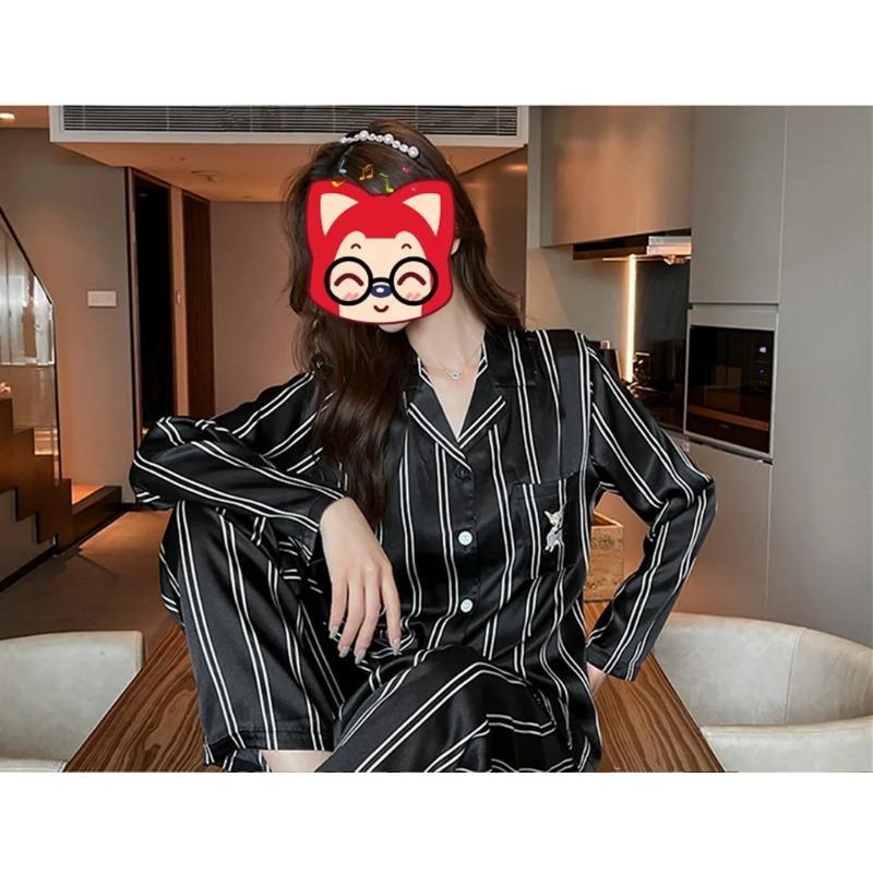 Couple Student Pajamas Ladies Artificial Ice Silk Thin Lapel Long-sleeved Long Pants Spring and Autumn Summer Homewear Cartoon