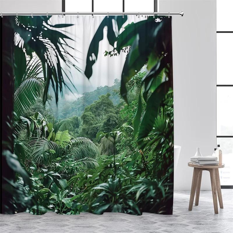 Tropical Jungle Landscape Shower Curtains Green Plants Palm Tree Waterfall Forest Nature Scenery Home Bathroom Curtain Decor Set