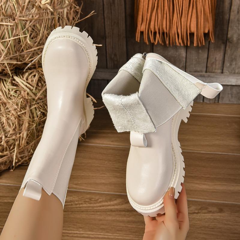 Moda 2025 Nowe Damskie Krótkie Botki Styl Brytyjski Jesień/Zima Ocieplane Futrem Gruba Podeszwa Wąski Krój Cigarette Czarne Botki Chelsea